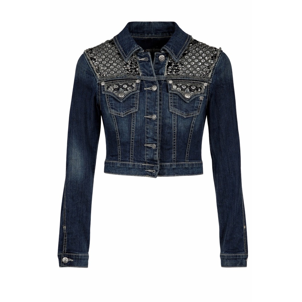 Miss Me Embellished Denim Jacket Dark Wash Cropped Sequin Bead Womens S